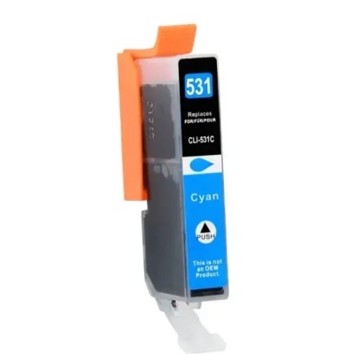 Cartucho de tinta ciano para impressora com etiqueta azul e preta e tampa laranja