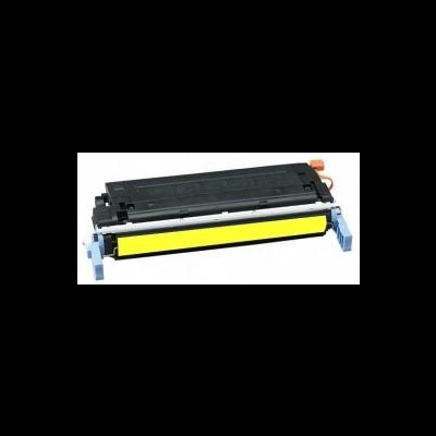 Cartucho toner amarelo para impressora com estrutura preta e detalhes azuis e laranja