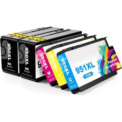 Conjunto de cartuchos de tinta para impressora em várias cores com etiquetas e texto visível