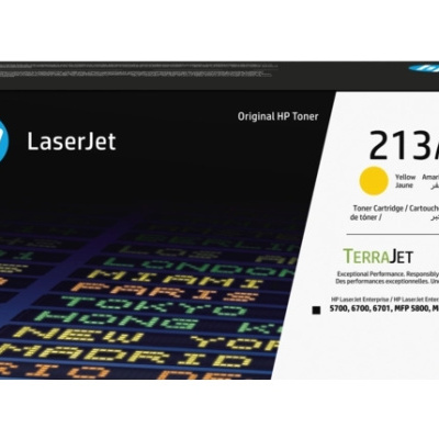 Caixa de toner HP LaserJet 213A amarela com texto e design preto e branco.
