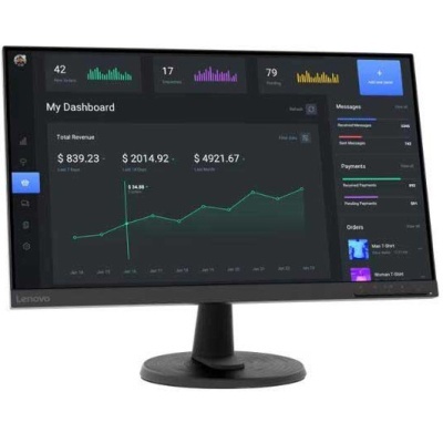 Monitor Lenovo exibindo painel financeiro com gráficos e estatísticas.