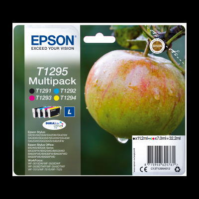 Embalagem multipack de tinteiros Epson T1295 com imagem de uma maçã verde