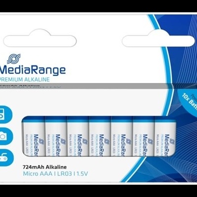Pack de 10 pilhas MediaRange Micro AAA alcalinas em embalagem branca e azul