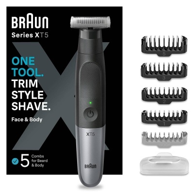Aparador Braun Series XT5 com cinco pentes numerados e pente BODY ao lado da embalagem preta