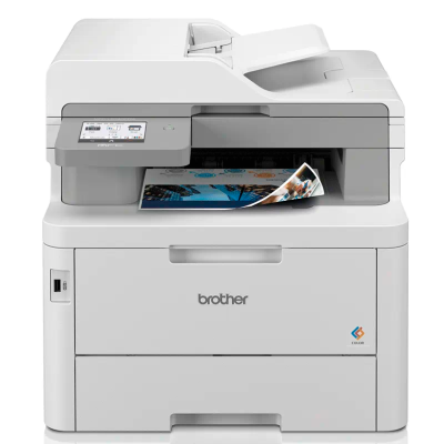 Impressora multifunções Brother branca com impressão a sair