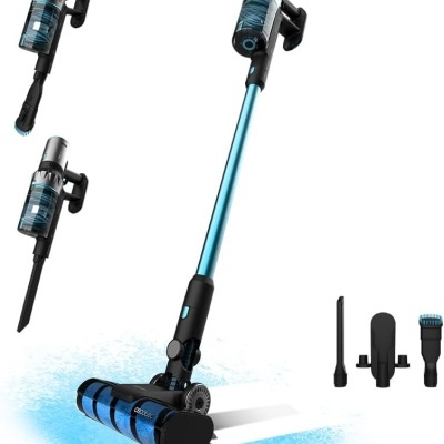 aspirador sem fios azul e preto com tubo metálico e acessórios