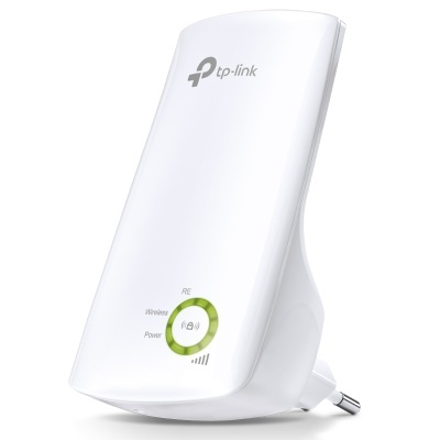 Repetidor Wi-Fi TP-Link branco com LEDs verdes e ficha elétrica embutida