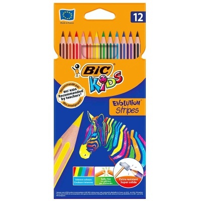 Estojo de 12 lápis de cor BIC Kids com corpo colorido e embalagem laranja e azul
