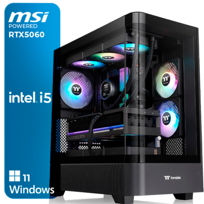 Computador com ventoinhas RGB e caixa de vidro temperado com etiquetas MSI e Intel i5.