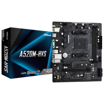 Placa-mãe ASRock A520M-HVS com embalagem azul e preta