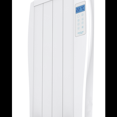 Aquecedor elétrico branco com painel digital e base larga