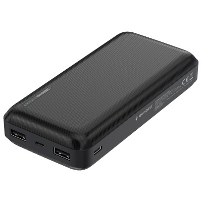 Power bank preto com duas portas USB-A e uma USB-C, capacidade 20000mAh.