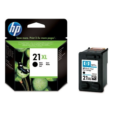 Cartucho de tinta HP 21 XL preto com embalagem preta e verde e imagem de plantas