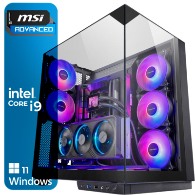 Computador desktop MSI com painel de vidro e ventoinhas LED azul e roxo