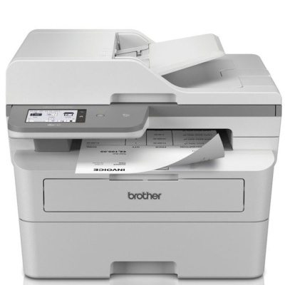 Impressora Brother branca e cinza com visor digital a imprimir uma fatura