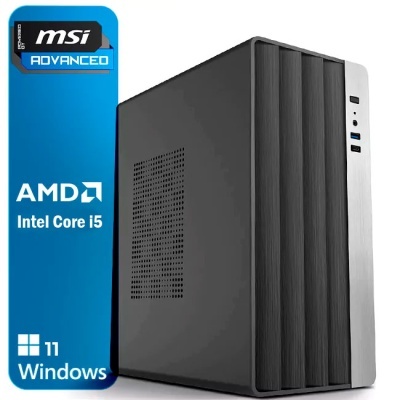Computador de secretária preto com laterais ventiladas e painel frontal com textura de madeira escura