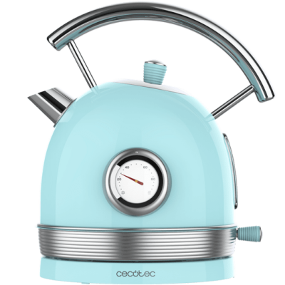 Chaleira elétrica azul claro com mostrador de temperatura e alça prateada