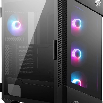 Computador desktop com caixa preta e ventoinhas RGB iluminadas
