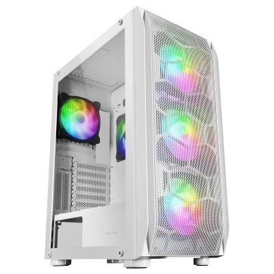 Caixa de computador branco com painel lateral em vidro e ventiladores RGB coloridos