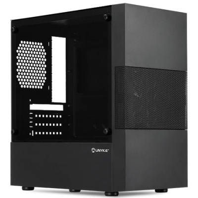 Caixa de computador preta com vidro temperado e ventoinha hexagonal