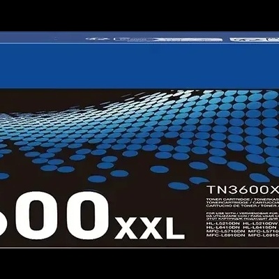 Embalagem de toner Brother TN3600XXL azul e preta com padrão de pontos azuis