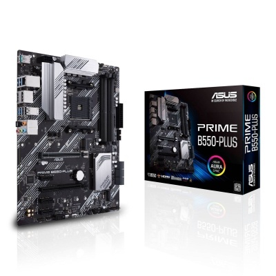 Placa-mãe Asus PRIME B550-PLUS com embalagem preta e texto ASUS PRIME B550-PLUS