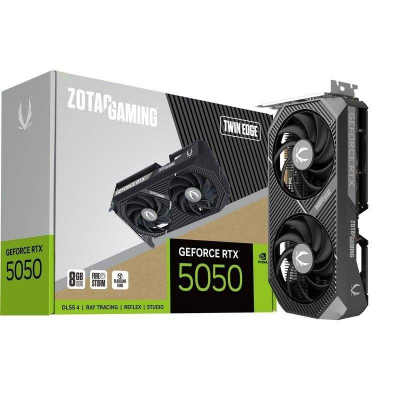 Placa gráfica Zotac Gaming GeForce RTX 5050 com dois ventiladores e caixa com texto promocional.