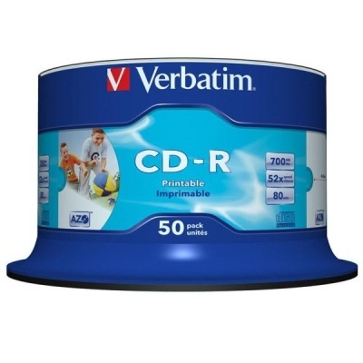 Pacote de CDs-R Verbatim azul e branco com 50 unidades e rótulo imprimível