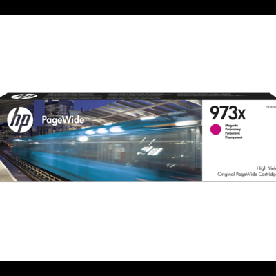 Cartucho de tinta HP PageWide 973x Magenta na embalagem com imagem de comboio azul
