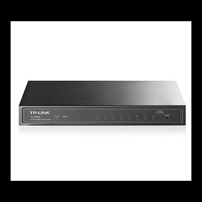 Switch de rede TP-LINK preto com 8 portas e indicadores LED