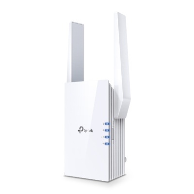 Repetidor Wi-Fi branco tp-link com antenas e luzes LED azuis