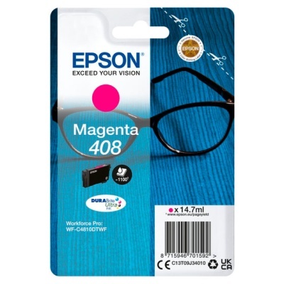 Embalagem de tinteiro Epson Magenta 408 com óculos sobre madeira azul