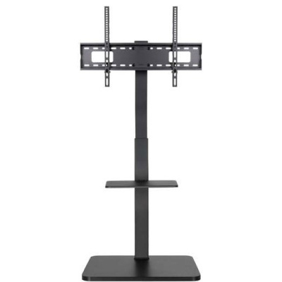 Suporte de televisão preto com base e prateleira