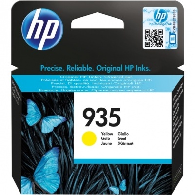 Embalagem de tinta de impressora HP 935 amarela com borboletas azuis