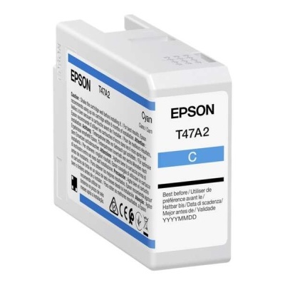 Cartucho de tinta Epson T47A2 cor ciano com rótulos brancos e azul