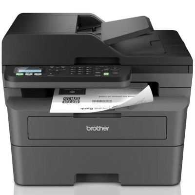 Impressora multifunções Brother preta com visor digital, teclado numérico e papel a sair.