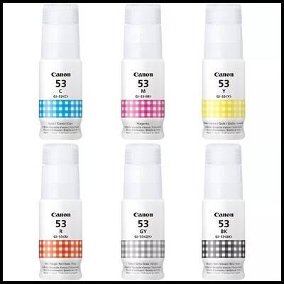 Garrafas de tinta Canon 53 nas cores ciano, magenta, amarelo, vermelho, cinza e preto