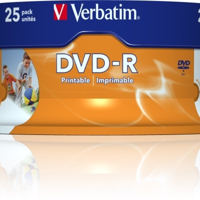 Embalagem Verbatim de 25 DVDs-R colorida em azul e laranja