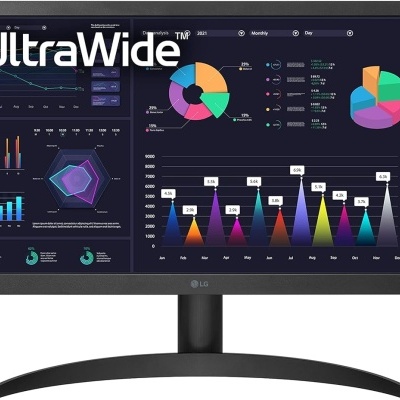 Monitor LG UltraWide curvo com gráficos coloridos e calendário ao lado