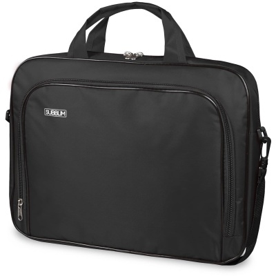 Mala preta para computador portátil com bolso frontal e etiqueta SUBBLIM
