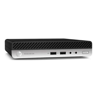 Computador HP ProDesk preto e prata com portas USB e entrada para auscultadores