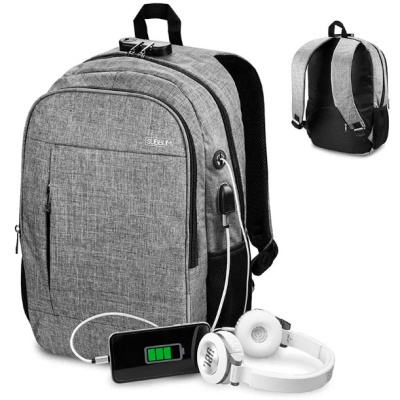 Mochila cinza em tecido com porta USB, auriculares e telemóvel