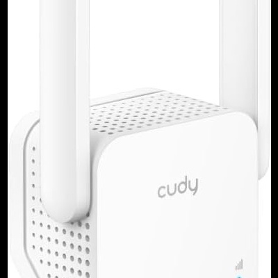 Repetidor Wi-Fi branco da marca cudy com duas antenas verticais e indicadores LED