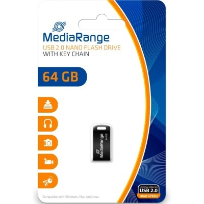 Pen USB 2.0 nano preta MediaRange 64 GB com chaveiro em embalagem azul, branca e laranja