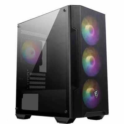 Computador de secretária preto com painel lateral em vidro e ventoinhas RGB multicoloridas