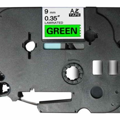 Cartucho de fita laminada preta com etiqueta verde e branca