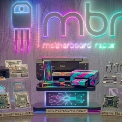 Mesa com equipamentos eletrónicos e acessórios para reparação de motherboards com iluminação colorida