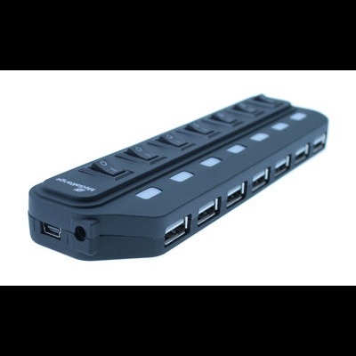 Hub USB preto com múltiplas portas e interruptores, em fundo branco