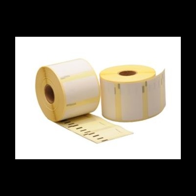 Dois rolos de etiquetas adesivas térmicas brancas com faixas amarelas