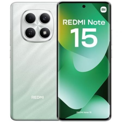 Redmi Note 15 smartphone prata com três câmaras traseiras e ecrã frontal com texto.